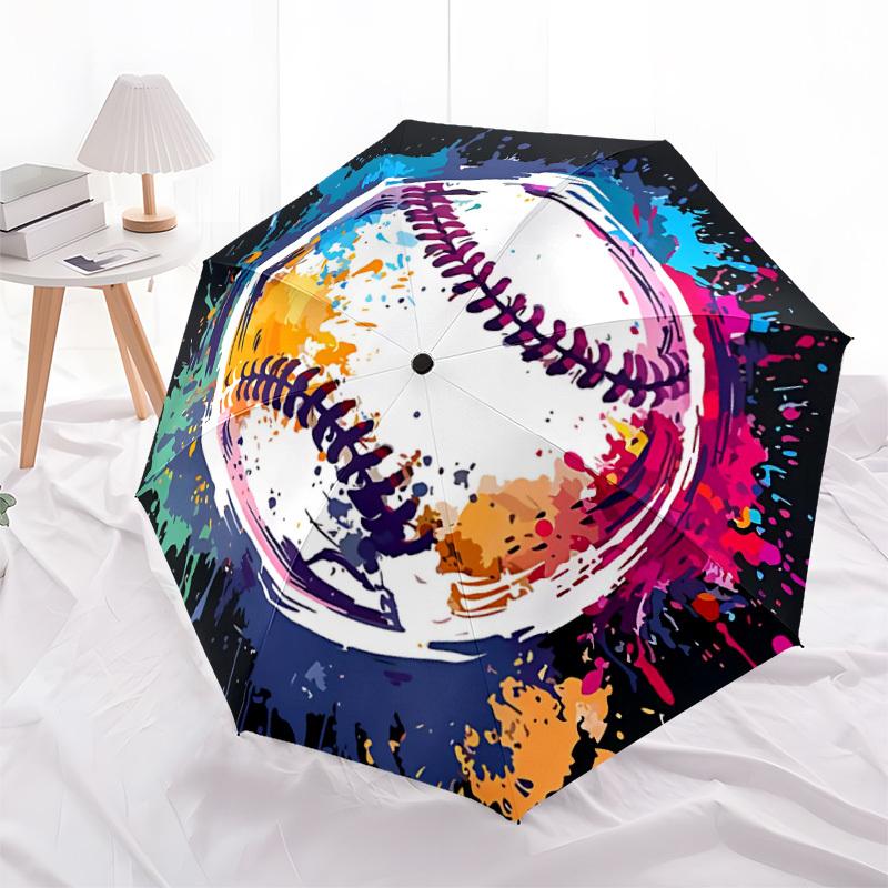 1pc Baseball Artwork Adventure Auto Open/close, 8-Rib Iron Frame, Compact Folding Cute Umbrella All-Season Portable Umbrella for Travel 014
