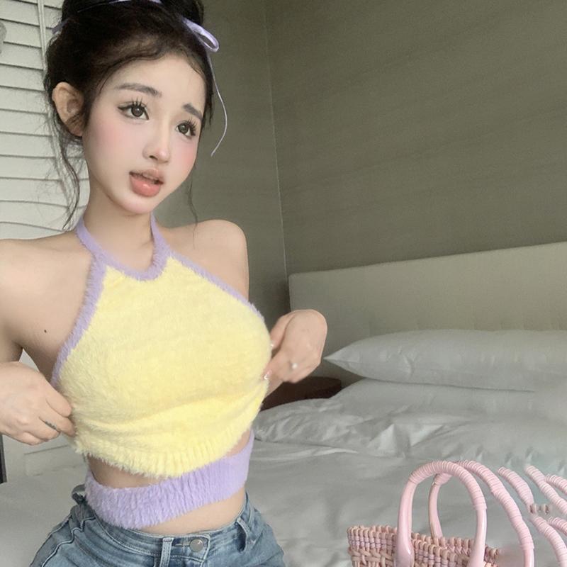 Летний женский вязаный укороченный топ с бретельками контрастного цвета, женская кофточка