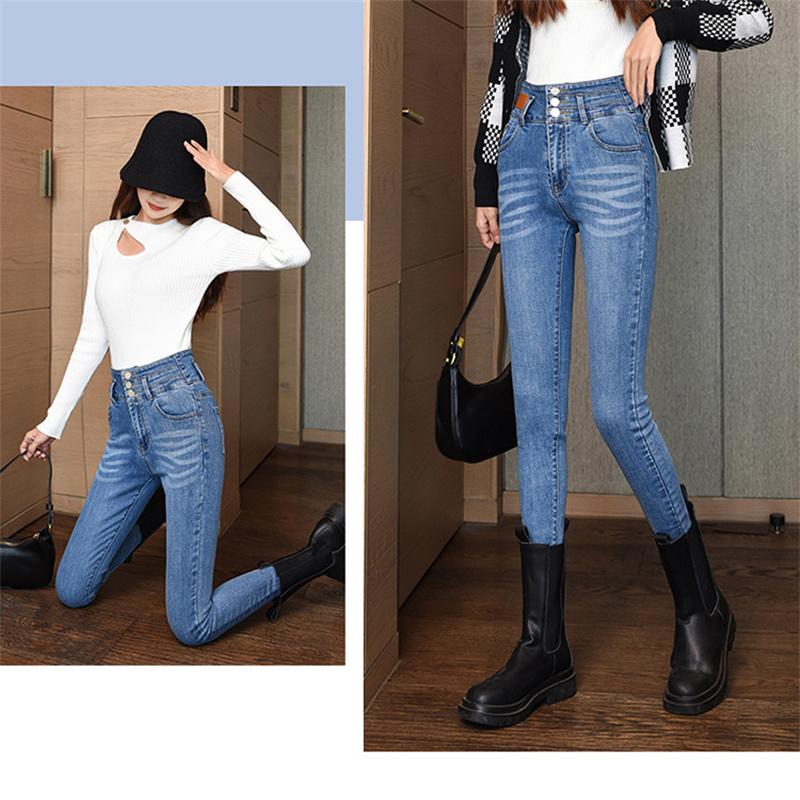 2022 New Autumn Winter Korean Stytle simpleHigh Waist Jeans Slim Feet Denim Pencil Pants Retro High Street Fashion Harajuku Jean