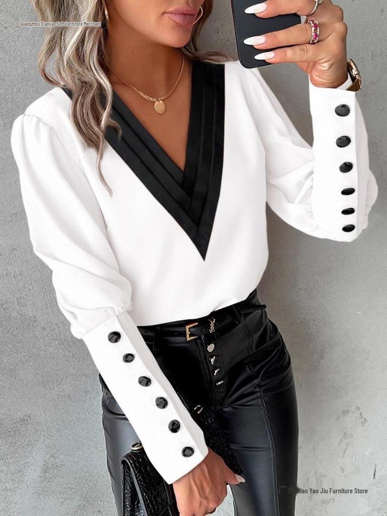 2026 Autumn Fashion V-Neck Solid Color Long Sleeve Button-Up Women's Shirt