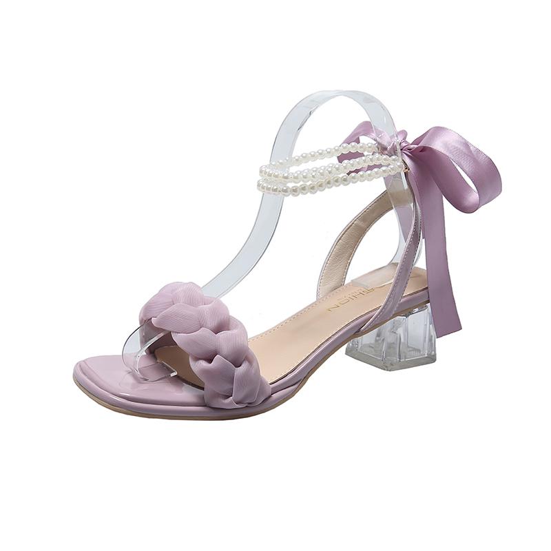 Comfort Shoes for Women 2024 Summer Female Sandal Buckle Strap Clear Heels All-Match Girls Pearl Block New High Fashion Retro Lo
