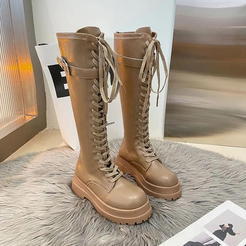 Модная шнуровка Зима 2025 Сапоги до колена Женские со шнуровкой Платформа Длинные сапоги для женщин Водонепроницаемые Демисезонные Рабочие Весенние Новые