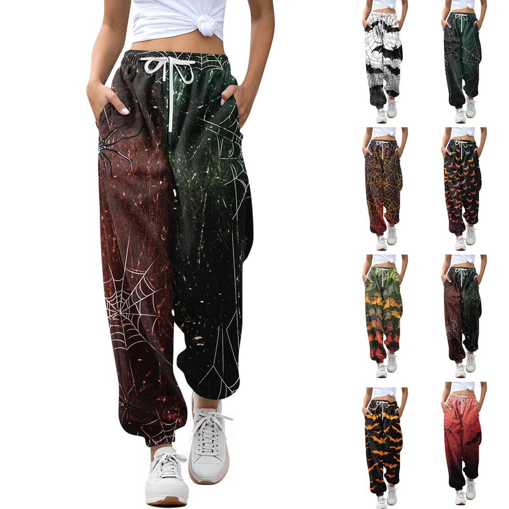 Женские повседневные модные брюки для отдыха с принтом на Хэллоуин, спортивные штаны, брюки с эластичной резинкой на талии, брюки со шнурком