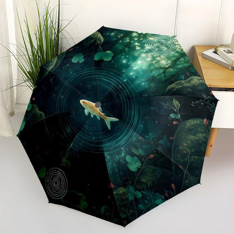 Подводное спокойствие: Круглая настенная картина «Сцена на рыбном пруду» Зонт, Портативный компактный зонт тройного сложения для мужчин и женщин R137