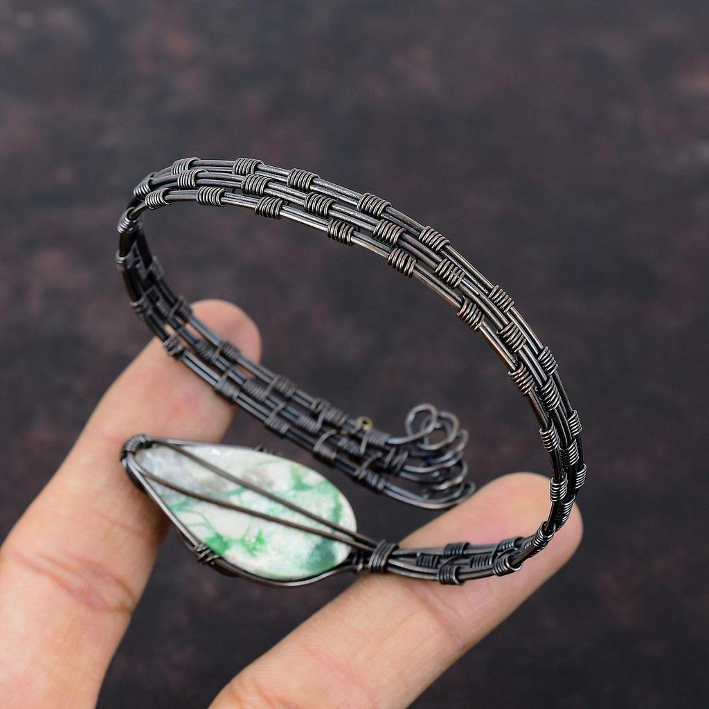 Варисцитовый браслет-манжета, обмотанный медной проволокой, браслет-манжета с драгоценным камнем, украшения ручной работы из варисцита для подарка, регулируемый браслет-манжета, украшения, обмотанные медной проволокой