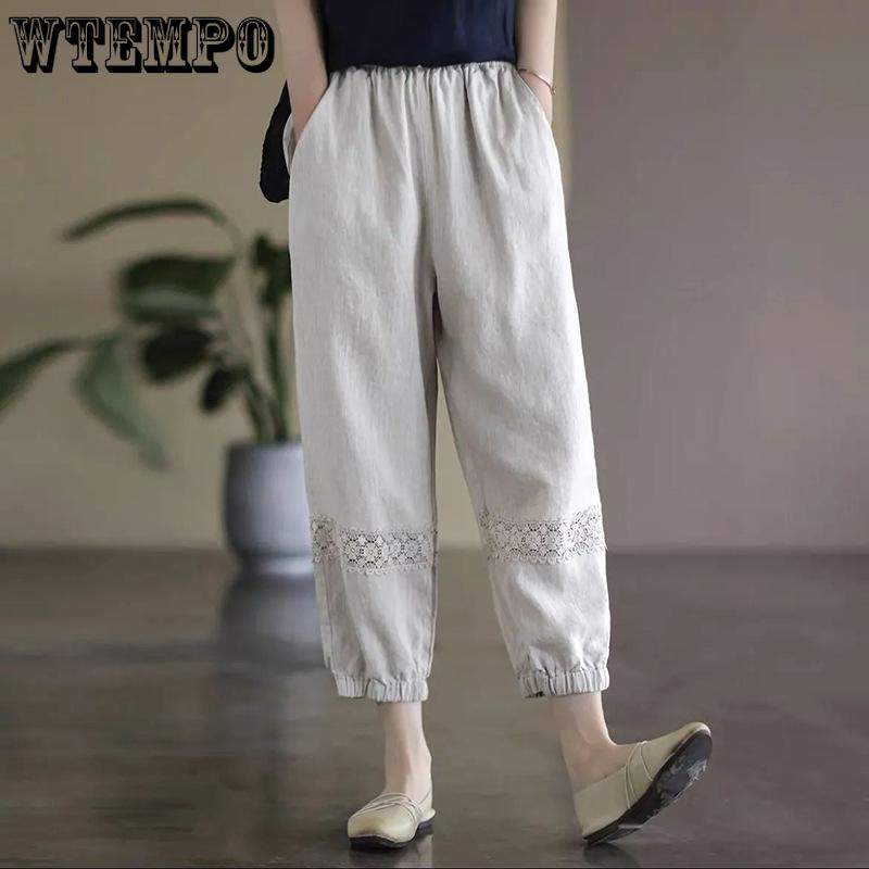 Women's Retro Lace Patchwork Summer Cotton and Linen New Cropped Pants Lantern Pants Design Sense Versatile Pure Cotton Casual Pants