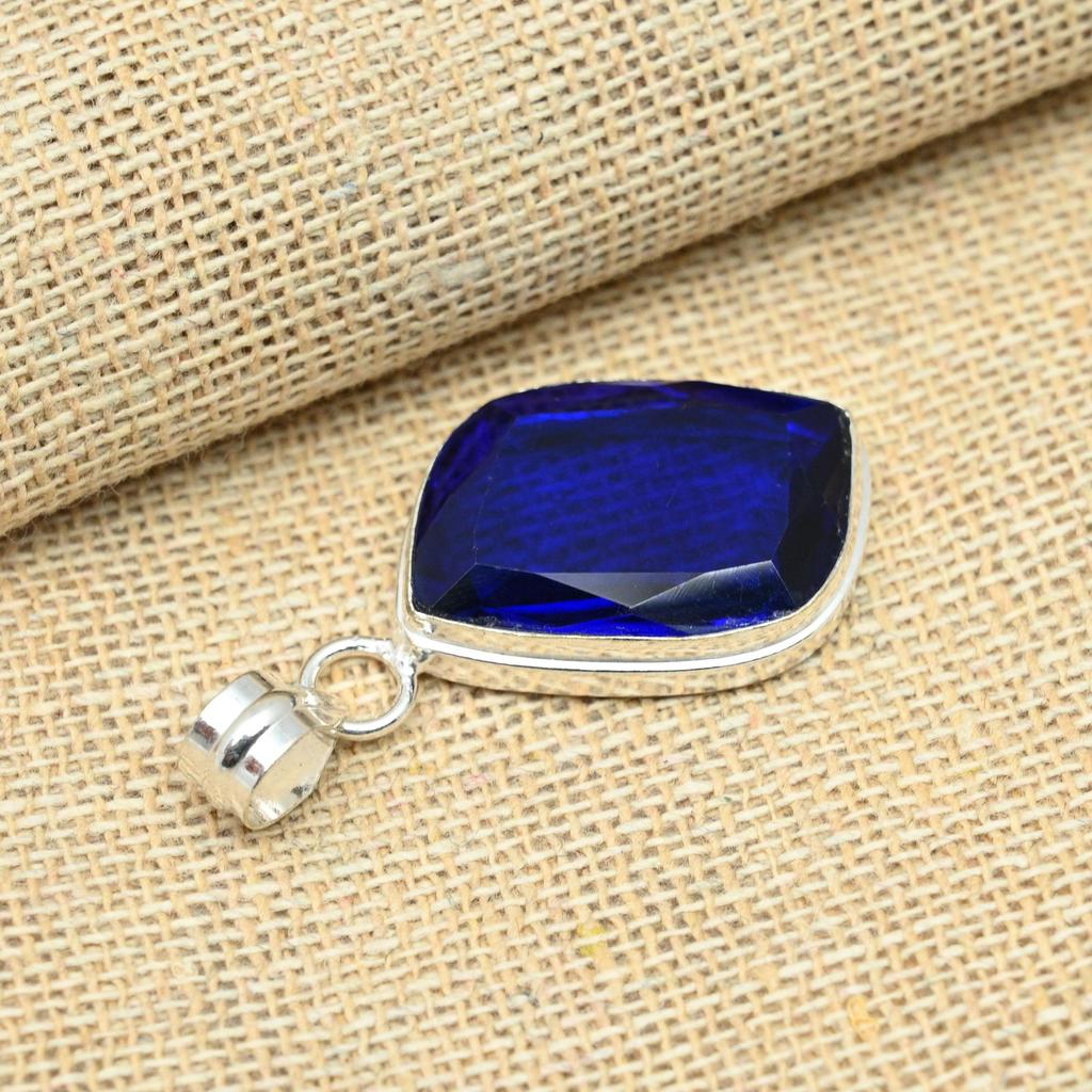 Solid 925 Sterling Silver Blue Sapphire Lab-Created Handmade Jewelry Christmas Gift Pendant