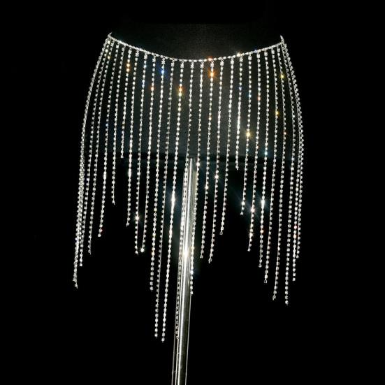 Glittering Tassel Belly Belt Rhinestone Waist Chain for Women, Sparkly Sexy Dance Body Skirt-Style Hip Accessory, Elastic Stage Performance Club Party