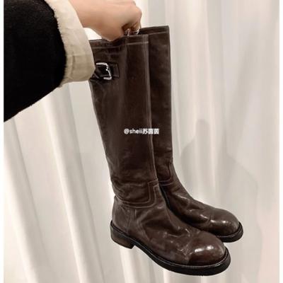 ! Обувь ретро вымытая лошадиная кожа пряжка толстый каблук полусапоги женские рыцарские сапоги