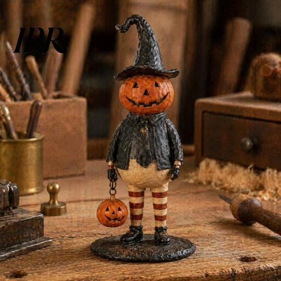 Retro Wizard Pumpkin Statue Witch Figurine, Spooky Halloween with Lantern, LED Lighted Night Lamp Vintage Gothic Resin for Tabletop Mantel Shelf Decor