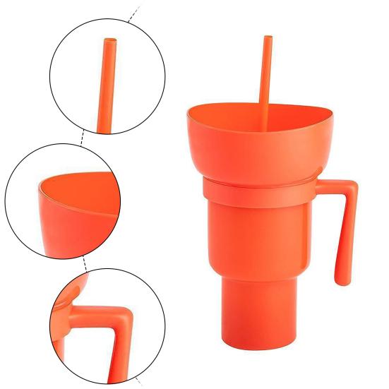 Чашка для попкорна Стадионный стакан с миской для закусок Чашка для закусок 2 в 1 с соломой Герметичная чашка для закусок Многоразовая чашка для попкорна для напитков в кино