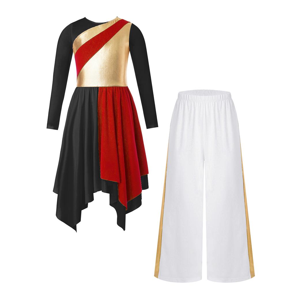 Girls Metallic Contrast Asymmetrical Hem Dress Wide Leg Pants Lyrical Praise Dance Costume Set