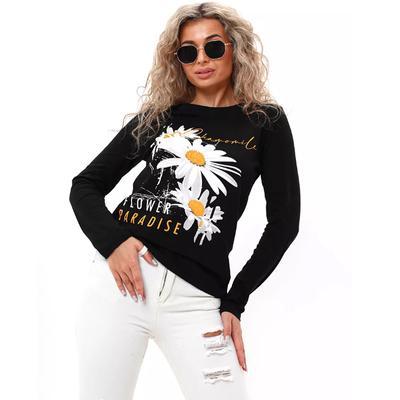 Женские осенние топы с черно-белым цветочным принтом, повседневная футболка с длинным рукавом, топ, блузка