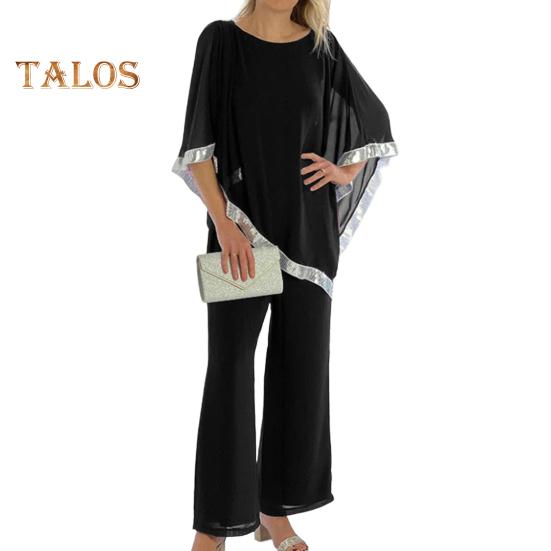 Женский комплект из 2 предметов: топ и брюки, рукава «летучая мышь», неровный подол с пайетками, блузка с круглым вырезом, однотонные широкие брюки, повседневный свободный наряд