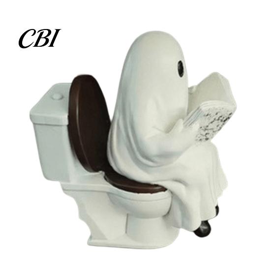 Halloween Party Supplies Cute Ghost Figurine, Reading on Toilet Resin Statue, Unique Ornament Funny for Tiered Tray Tabletop Mantel Decor