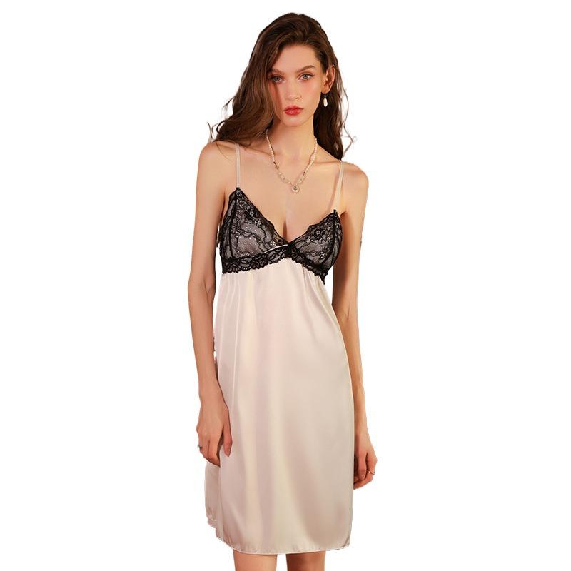 Sexy Ladies Autumn Simulation Silk Suspender Dress Lace Pure Erotic Lingerie Bed Robe