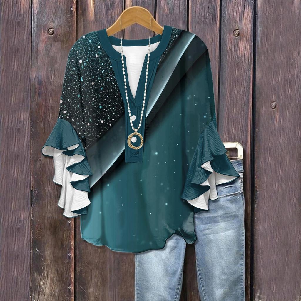 Летние топы для женщин Милые блузки с V-образным вырезом и рукавом 3/4 Принтованный топ Повседневные рубашки