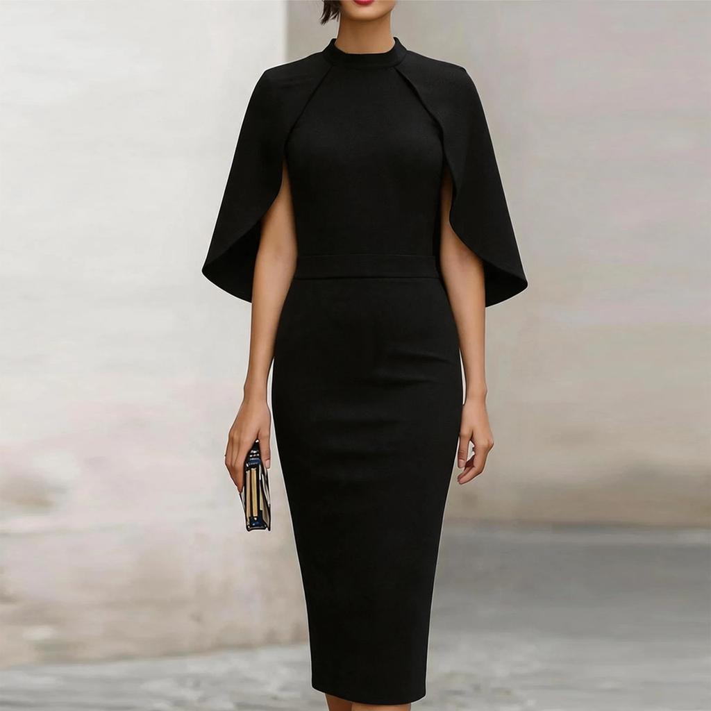 Women's Fashion Midi Dress Round Neck Short Sleeve Bodycon Pencil Dress with Cape Overlay Elegant Slim Fit Knee Length Dress
