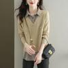 Shirt Lapel Neck Faux Two Piece Long Sleeve Women's Basic Blouse Pullover Autumn Winter Buttons Knit Sweaters