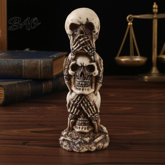 Halloween Atmosphere Decor See Hear Speak No Evil Skull Figurine, Spooky Resin Retro Figurine Skeleton Statue for Mantel, Table, Gothic Home