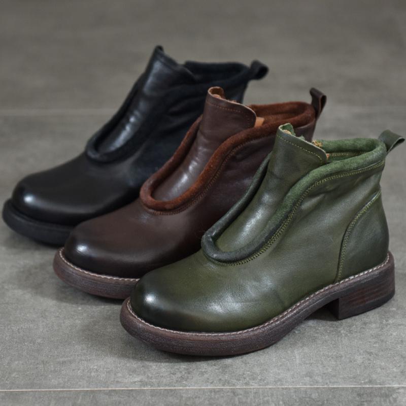 Johnature Винтажные короткие ботинки из натуральной кожи с круглым носком и боковой молнией, универсальная женская обувь