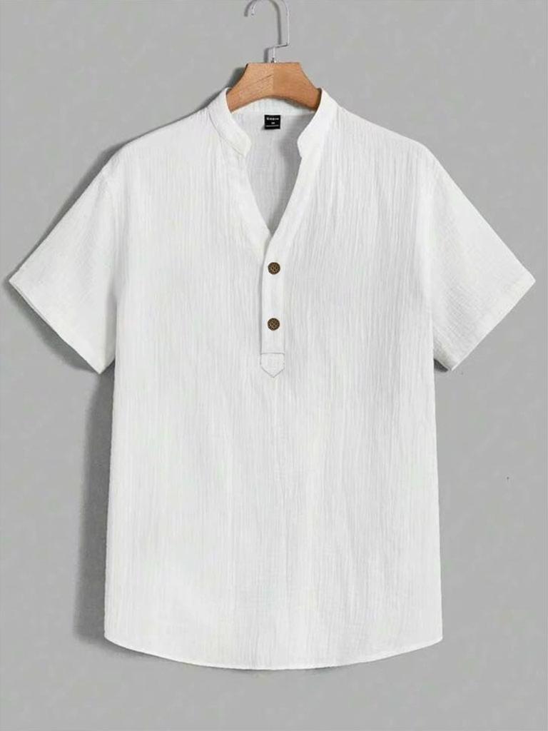Мужская белая рубашка-henley с коротким рукавом из смесовой льняной ткани, воротник-стойка, 2 пуговицы, полупланка, свободный крой, дышащая, повседневная, летняя, пляжная, базовая