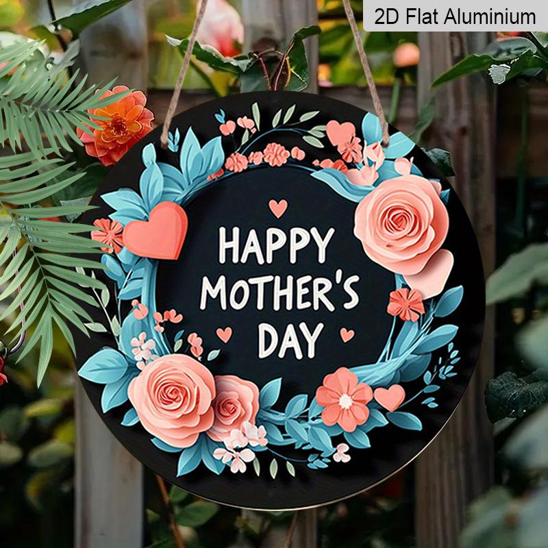 2D Flat, 1pc Vintage Mother's Day Round Aluminum Wall Sign - Pink Roses & Turquoise Floral Wreath with Happy Mother's Day Text, Heart Cutouts