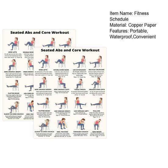 2 Sheets Seated Core Exercise Poster, Chair Workout Chart for Abs, Home Gym Wall Art, Strength Training Guide for Seniors