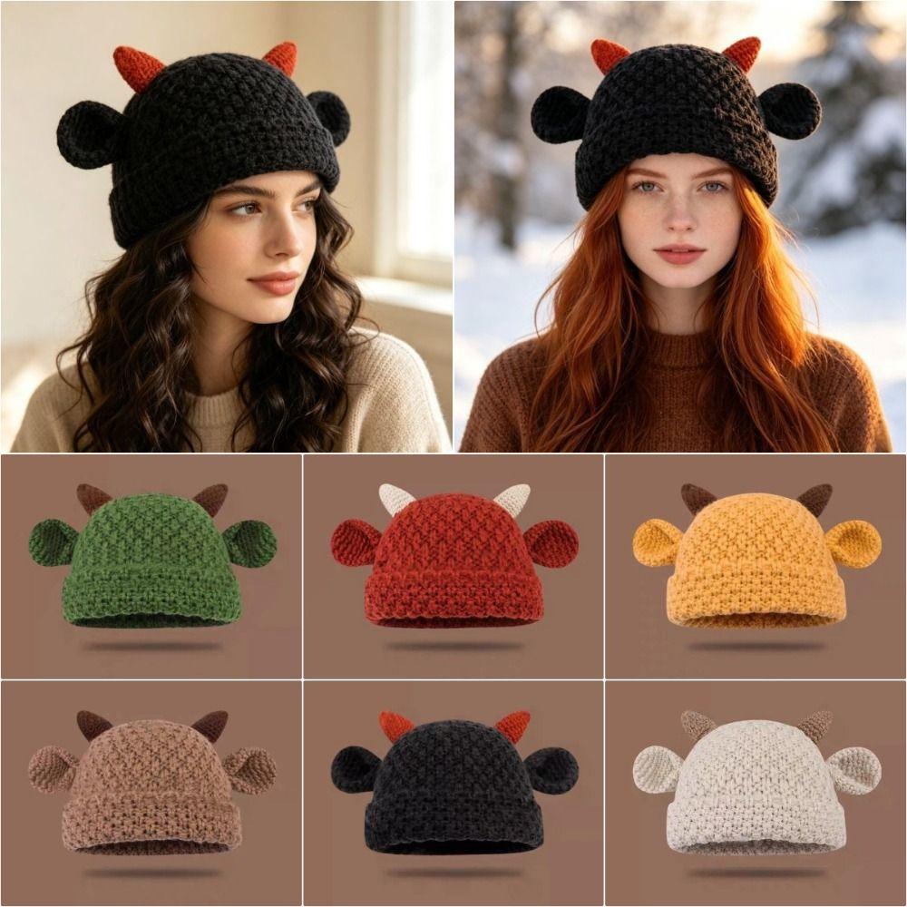 Solid Color Pullover Hat Cute Ear Women's Hat Cute Horn Ear Knitted Hat Winter