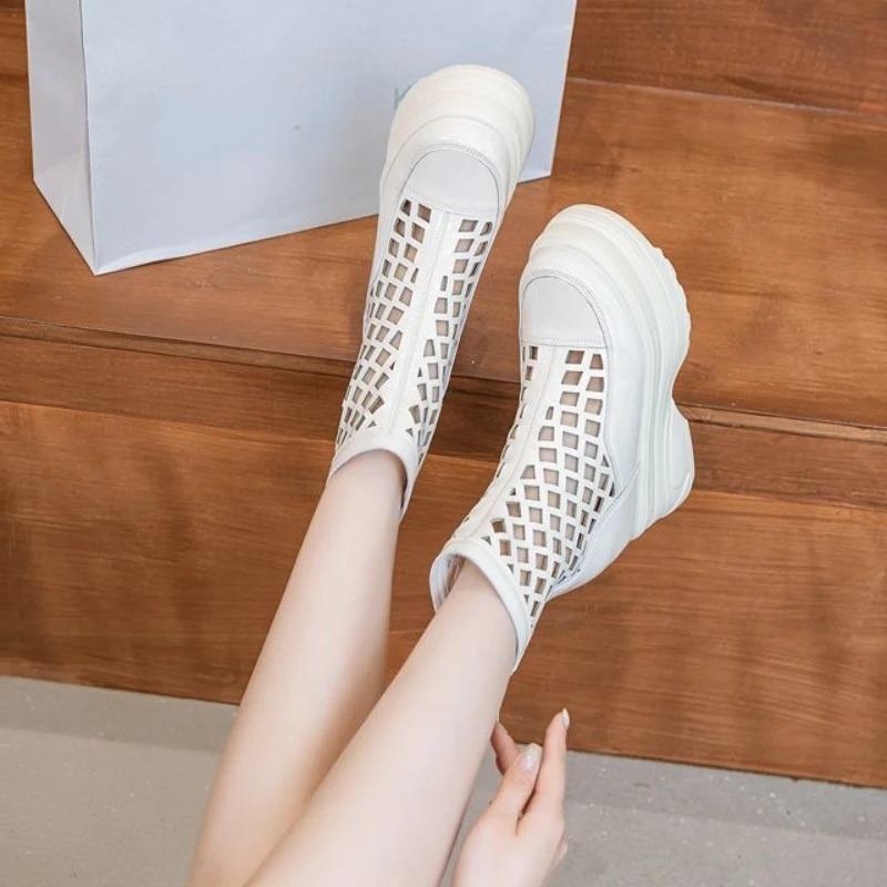 Fashion 11cm Hollow Patent Leather New Summer Breathable Wedge Platform Wedge ZIP Fashion Sandals Casual Knee High Ankle Boots Shoes 204