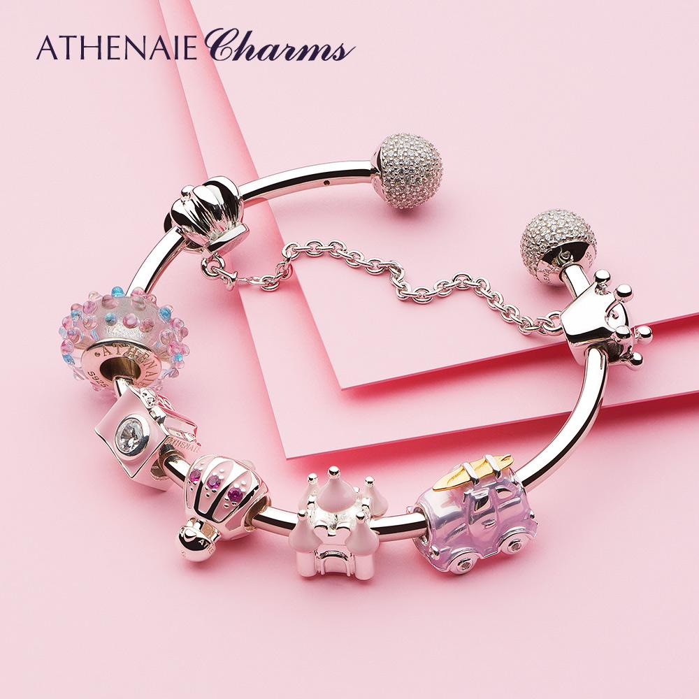 ATHENAIE 925 Silver Pink Enamel Vintage Fairy Tale Castle Charms Bracelet For Women Birthday Valentine Day Gift