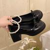 Fashion Elegant Pearls Chain High Heels Mary Jane Shoes Women 2025 Bowknot Thick Heel Pumps Woman Round Neck Patent Leather Party Shoes