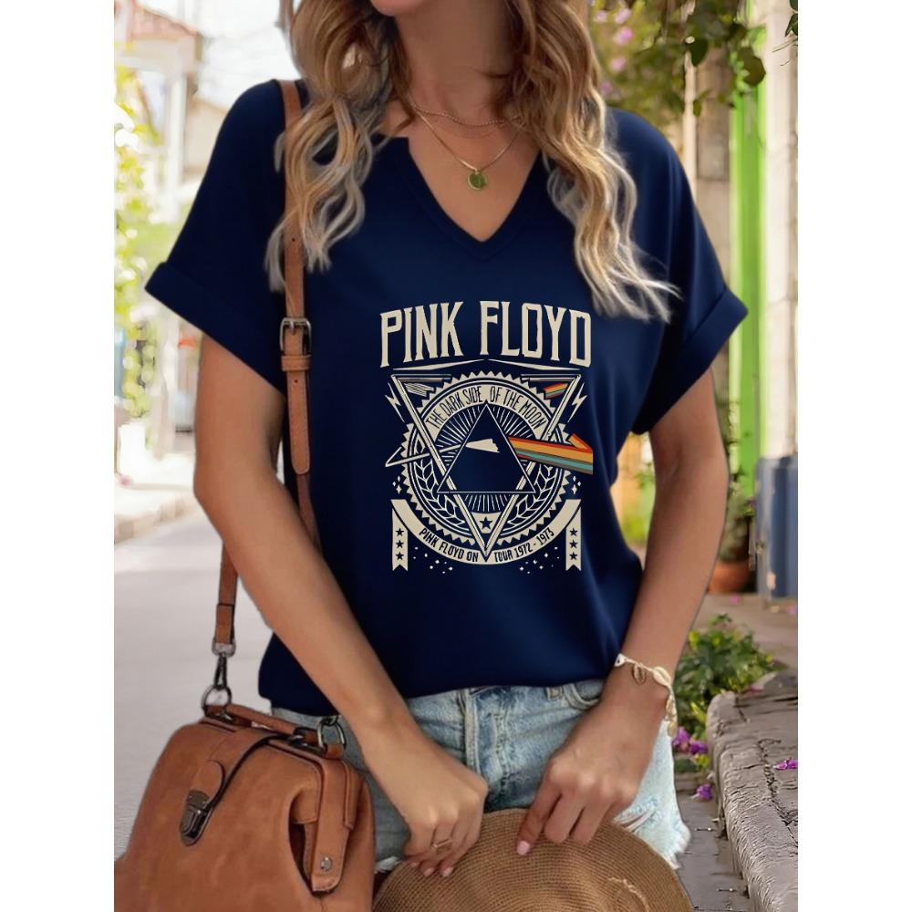 Женская футболка с V-образным вырезом и принтом "Pink Floyd Dark Side of The Moon", Ретро футболка с принтом рок-группы, Повседневная футболка с коротким рукавом