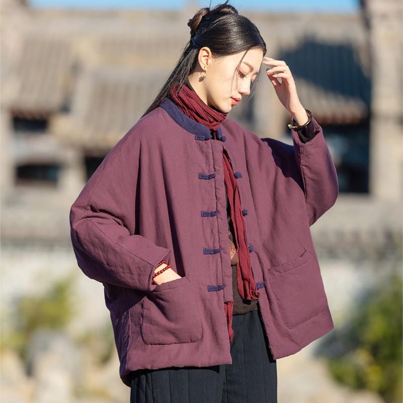 Johnature Китайский стиль пэчворк цвет зима для женщин стойка кнопки теплое пальто карманы пальто