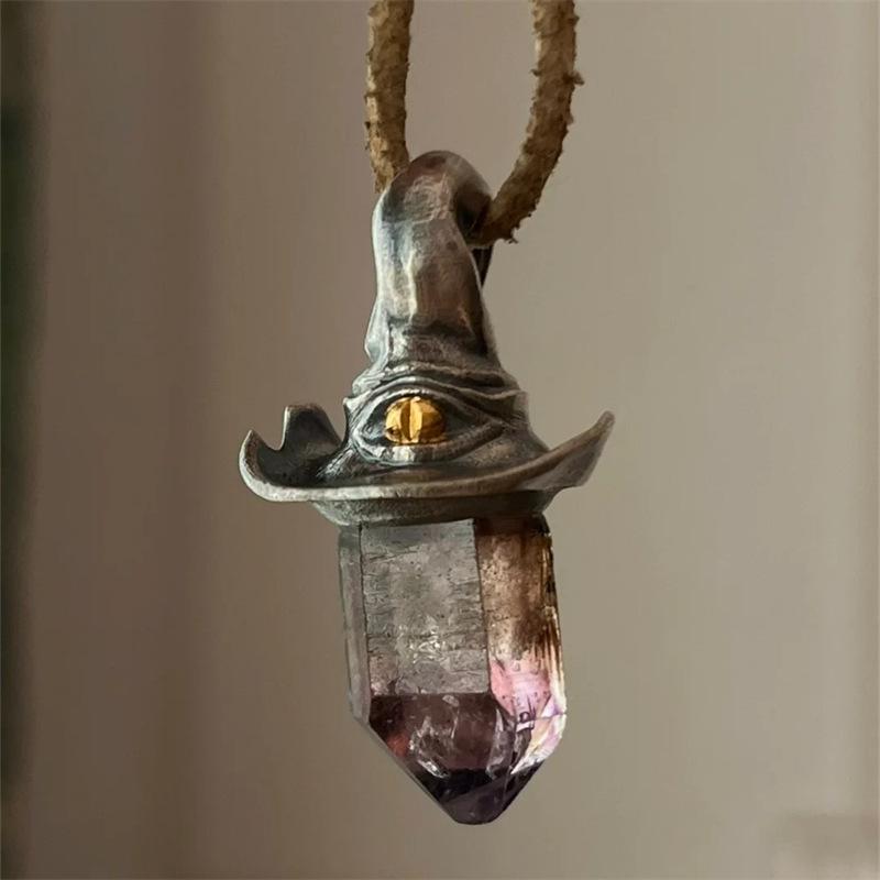 Yuji Retro Style Natural Amethyst Hexagonal Column Witch Hat Pendant, Niche Unique Simple Pendant