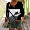 Animal Cat Printed 3D T Shirts Plus Size Black Tees Women Fashion V Neck Long Sleeve T Shirt