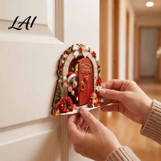 Christmas Themed Craft Wooden Miniature Fairy Door 2D Flat Cute Mouse Cat Santa Holiday Door Ornament Snowman Tiny Decoration for Wall Decor,