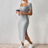 New Fashion Square Collar Side Slit Sexy Dress Women Summer Slim Fit Knitted Short Sleeve Casual Dresses Women Elegant Solid High Waist Dress 25974