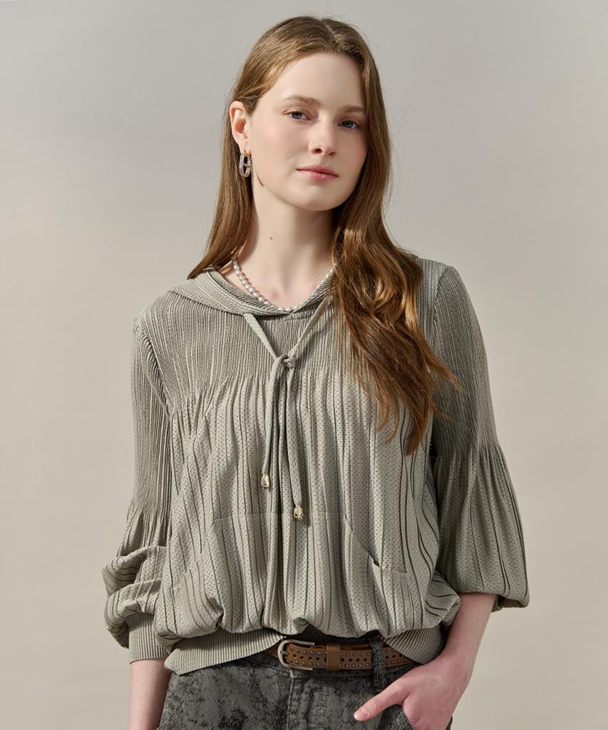 MAXZA Wrinkle Punching Volume Sleeve Hooded Blouse