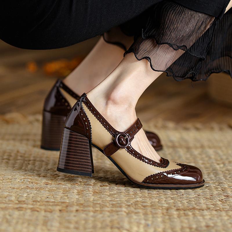 Мода 2025 Новые Лакированные Туфли Мэри Джейн Женские LEISURE Пряжка Лодочки с Мелким Вырезом Квадратный Носок Толстый Каблук Обувь Женская Zapatos De Mujer