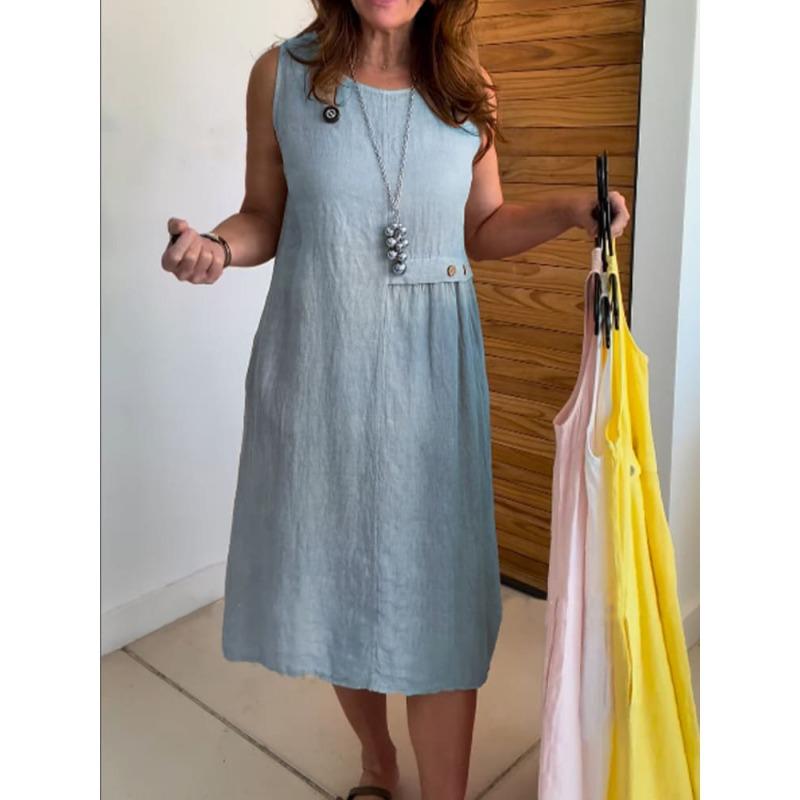 DAFIFY Женская мода лето весна однотонный принт без рукавов с круглым вырезом свободная талия повседневные платья