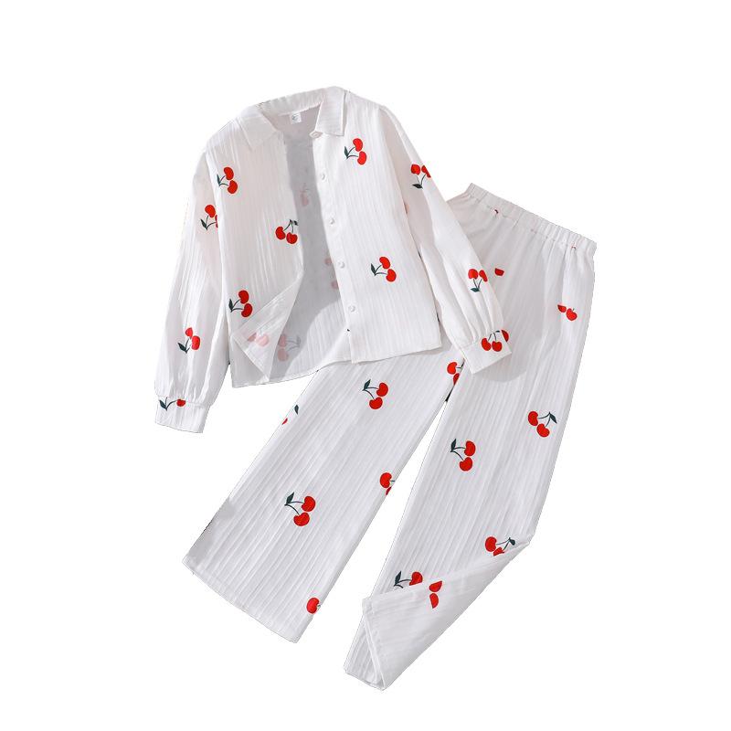 Девочки Осенний Наряд Новый Европейский и Американский Стиль Милый Принт Вишни Рубашка Топ с Длинным Рукавом и Длинные Брюки