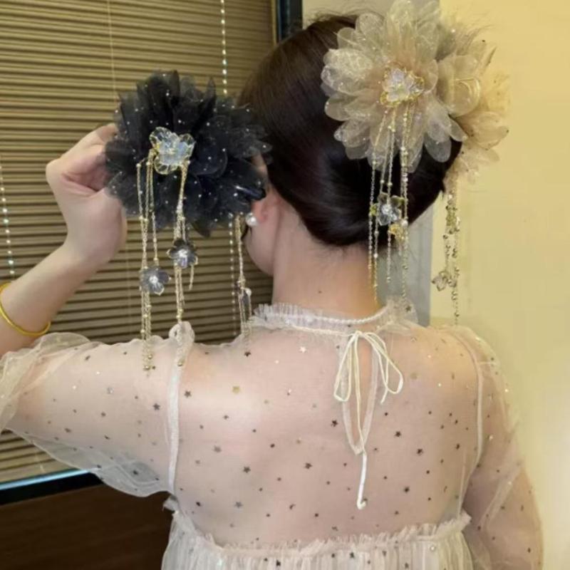Flower Tassel Hair Clip For Women Girls Shark Ponytail Clip Headdress Temperament Headwear Hair Accessories Gifts