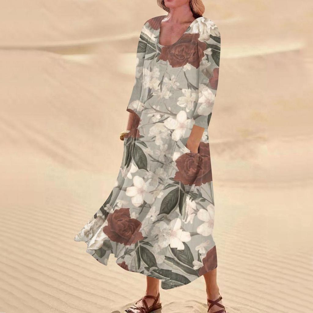 Женское повседневное удобное хлопковое карманное платье с цветочным принтом и рукавами три четверти