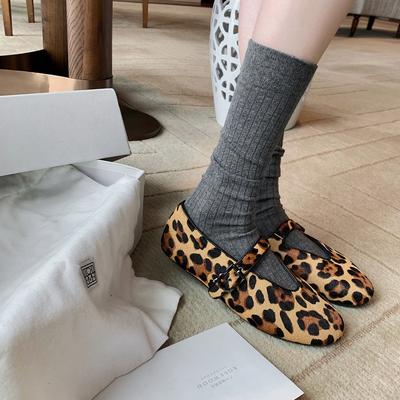 Версия из овчины виноградной матери, та же круглая голова с туфлями с леопардовым принтом, туфли Мэри Джейн на плоской подошве, женские универсальные одинарные туфли с мелким вырезом