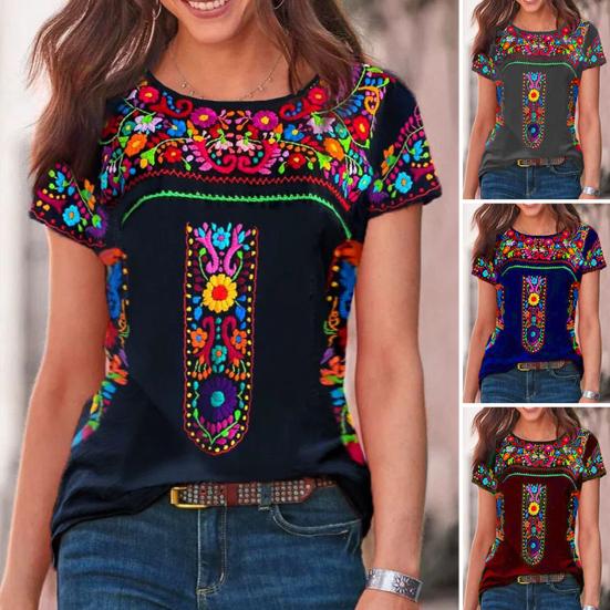 O-neck Short Sleeve Loose Fit Women T-shirt Vintage Boho Ethnic Floral