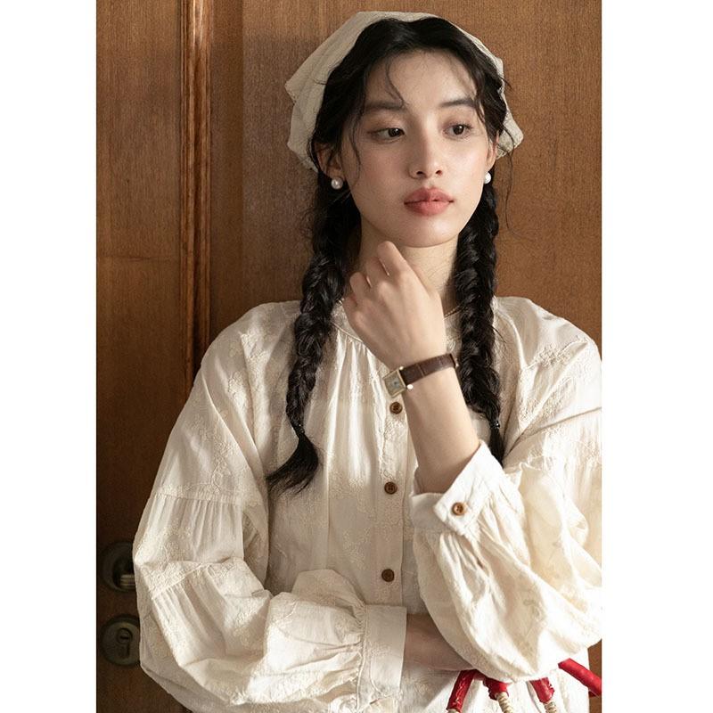 Johnature Весенняя рубашка Mori Vintage с круглым вырезом и вышивкой, свободная, с длинным рукавом, женская, повседневная, жаккардовая, топы