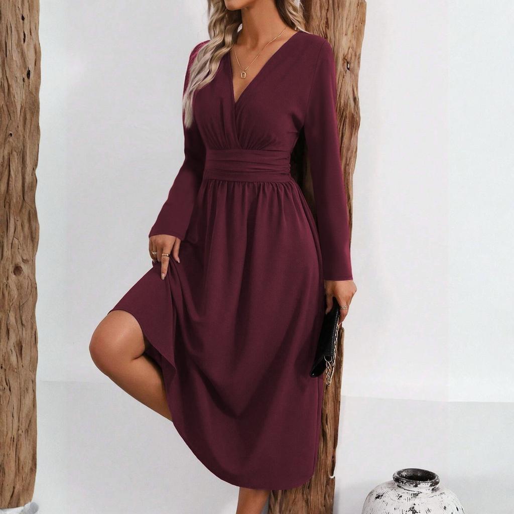 Женское модное однотонное платье с V-образным вырезом, длинными рукавами и плиссировкой