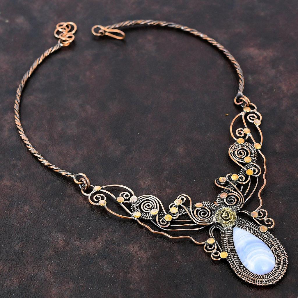 Ожерелье из синего кружева с агатом, ожерелье из медной проволоки, регулируемое ожерелье, ожерелье из драгоценных камней, медное ювелирное изделие, подарок для женщин, ожерелье ручной работы