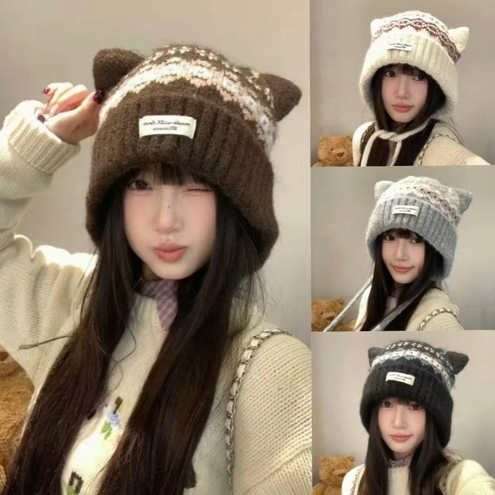 Вязаная шапка с ушками кошки в стиле Fair Isle Геометрический жаккард Пушистая вязаная шапка Утепленная бини Для отдыха и путешествий